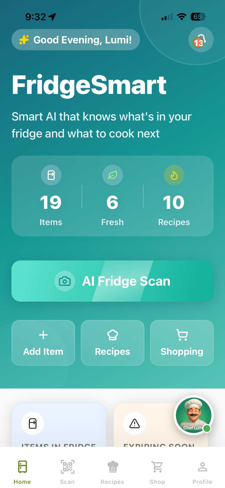 FridgeSmart main app screen